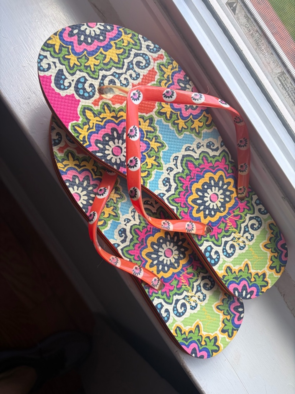 Colorful Floral Pattern Flip Flops with Coral Straps